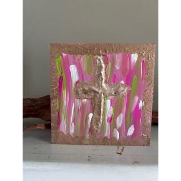 Gold Cross Wood Painting Pink Green Hand Painted Wall Art 5x5 Block Preppy Lilly - Picture 7 of 8